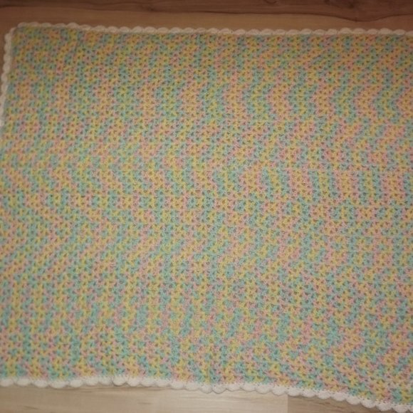 Hand crafted knitted baby blanket soft pink, blue and yellow - Picture 1 of 6